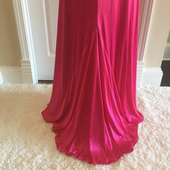 Fuchsia Pink Halter Satin Prom Dress - Picture 9 of 13